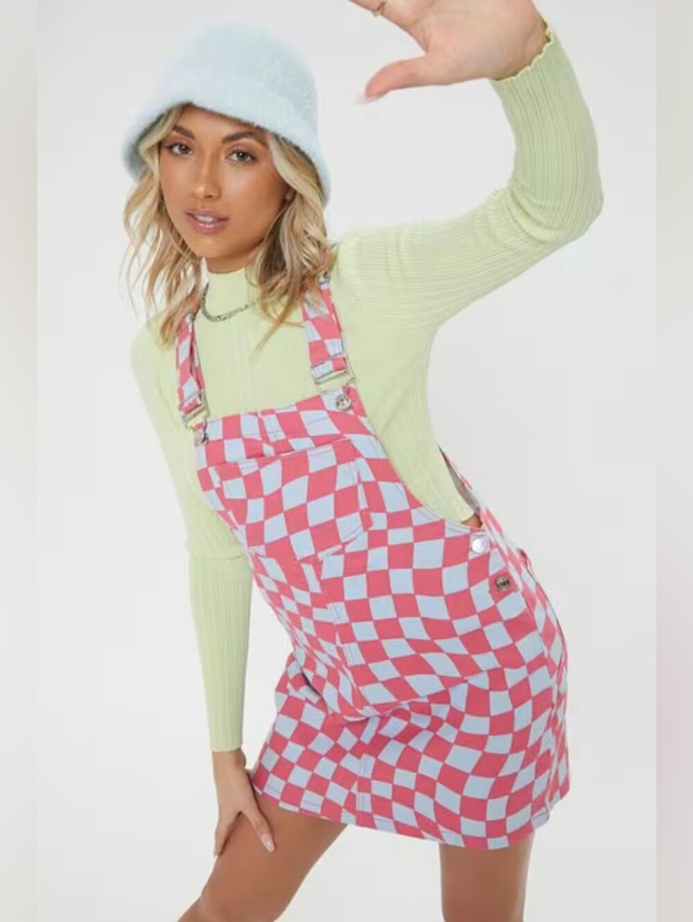 Forever 21 Pink and Gray Checkerboard Overall Mini Dress. NWOT Size Medium